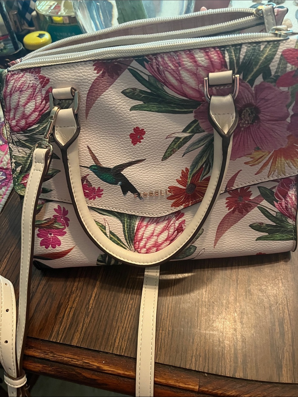 Floral Print Cream Satchel Handbag with Hummingbird Detail looks new
